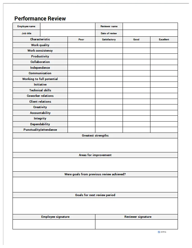 Performance Review Template [Word] - Zippia