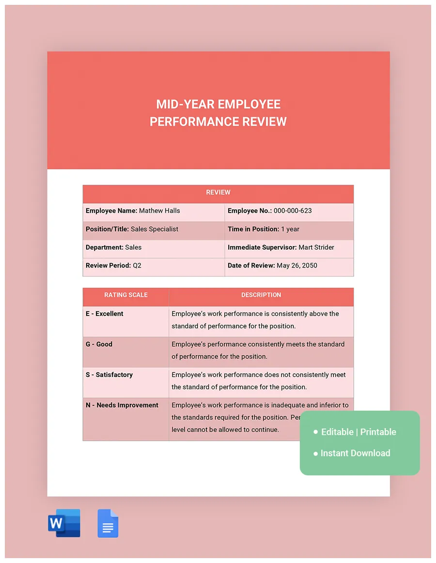 Quarterly Employee Performance Review Template in Word, Google Docs