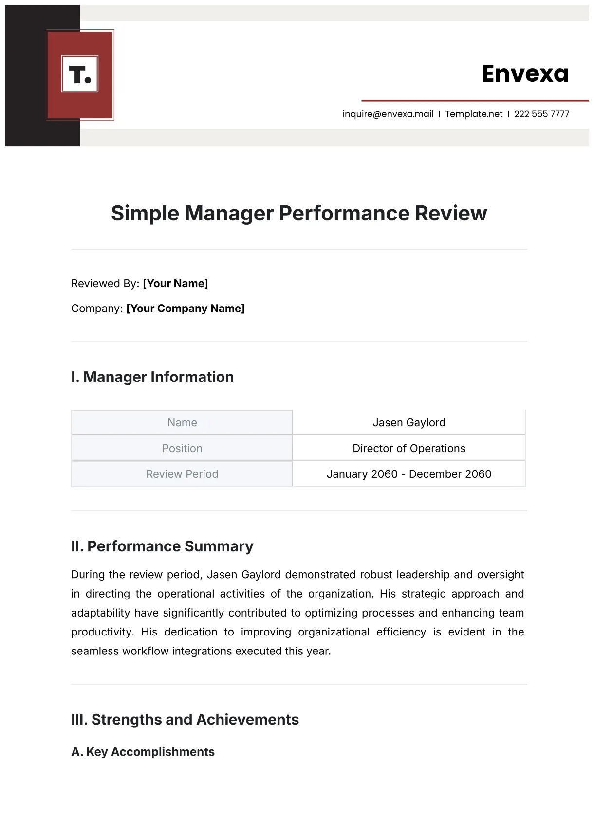 Free Simple Manager Performance Review Template to Edit Online