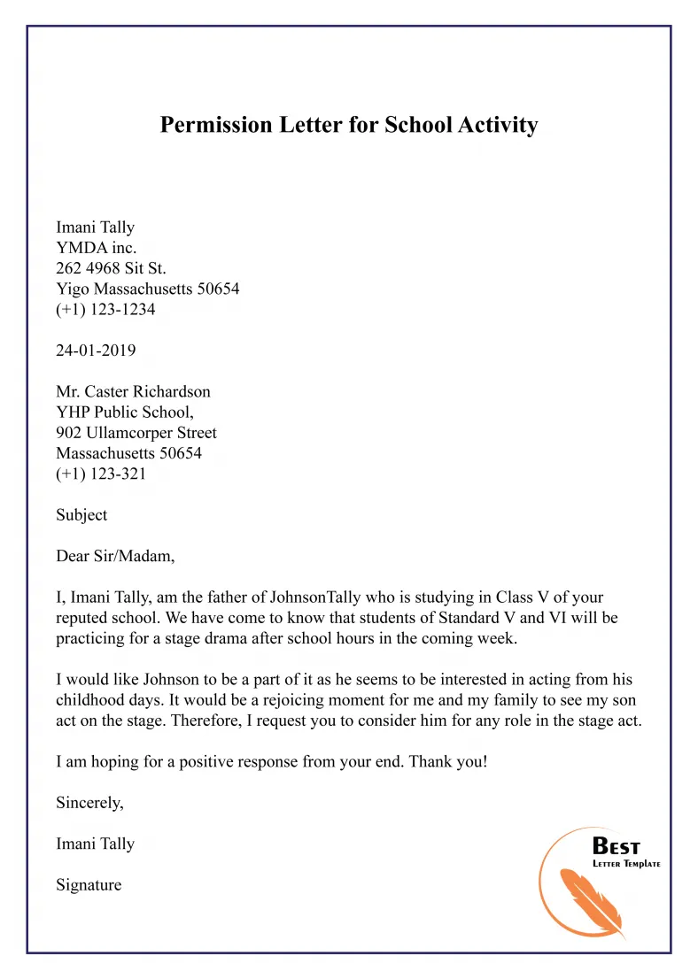 Permission letter template for school format, sample & example