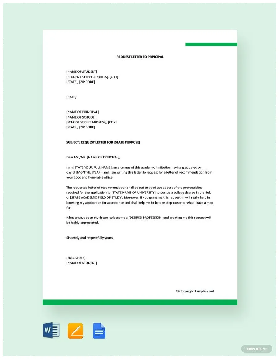Request letter to principal for permission in google docs, pages, word