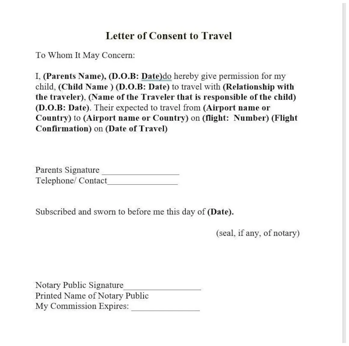 Sample letter allowing minor to travel