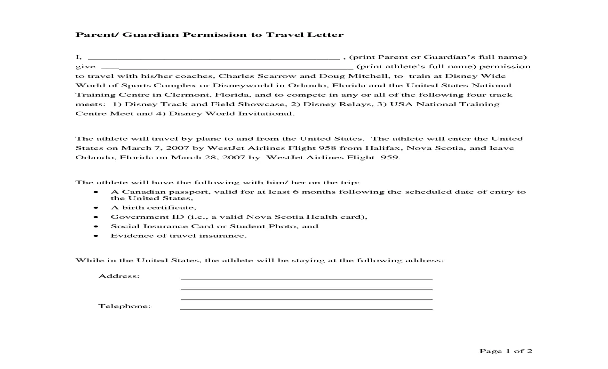 Letter of permission to travel free printable documents