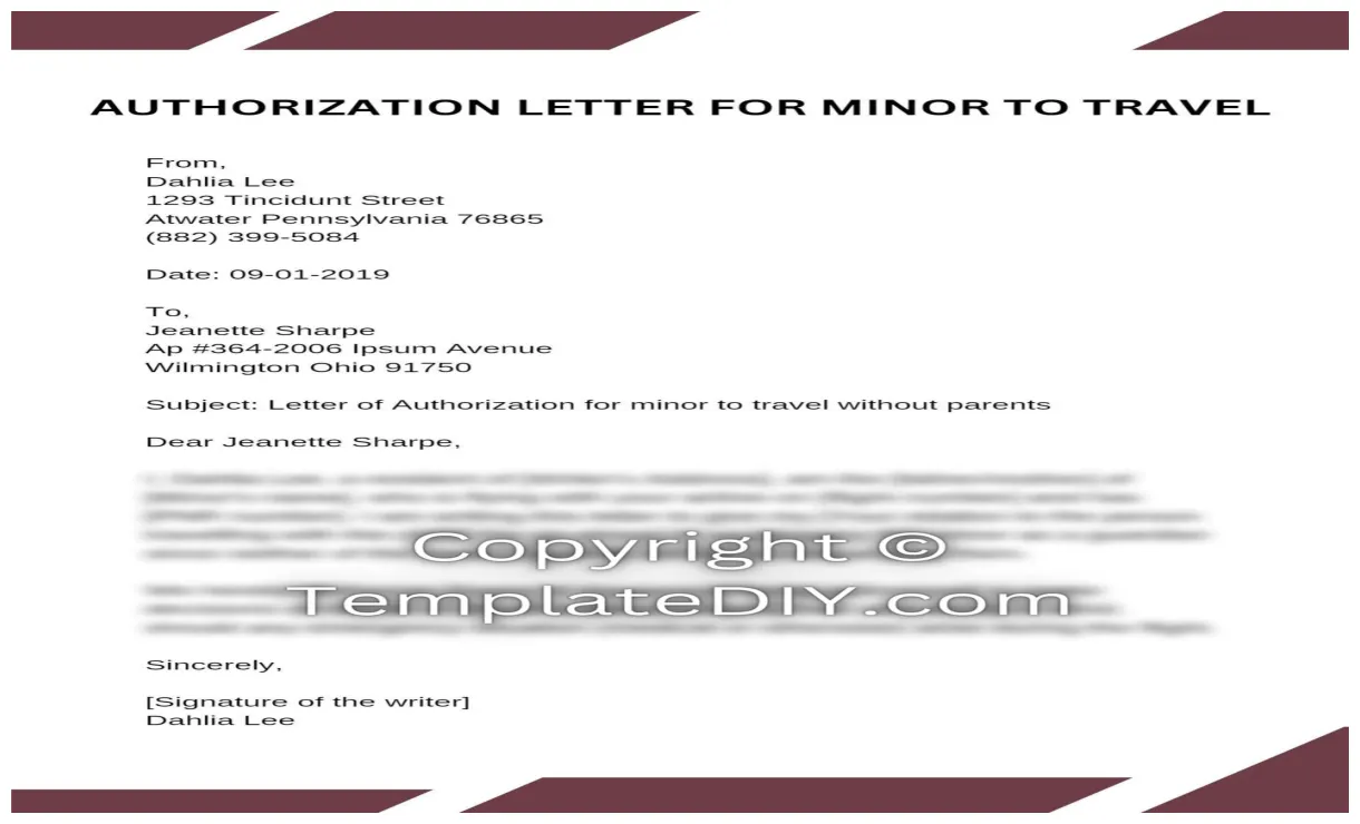Authorization letter for minor to travel sample [word]