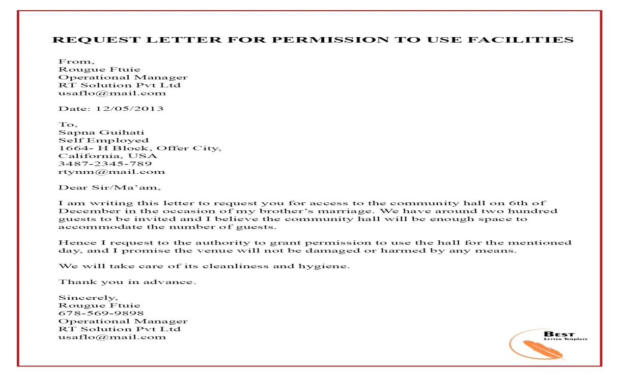 Request letter for permission to use facilities artofit