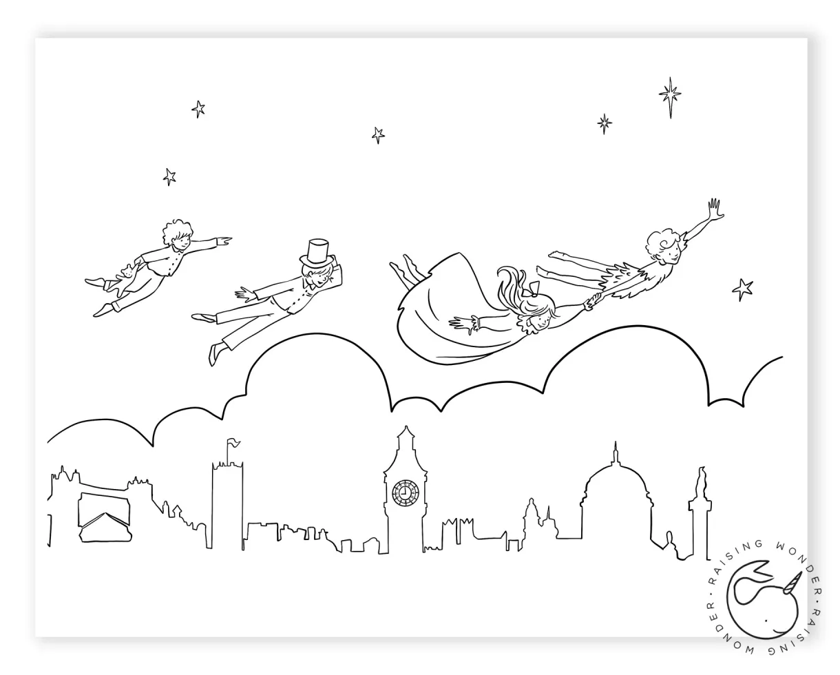 Single coloring page-peter pan flying sarah jane studios