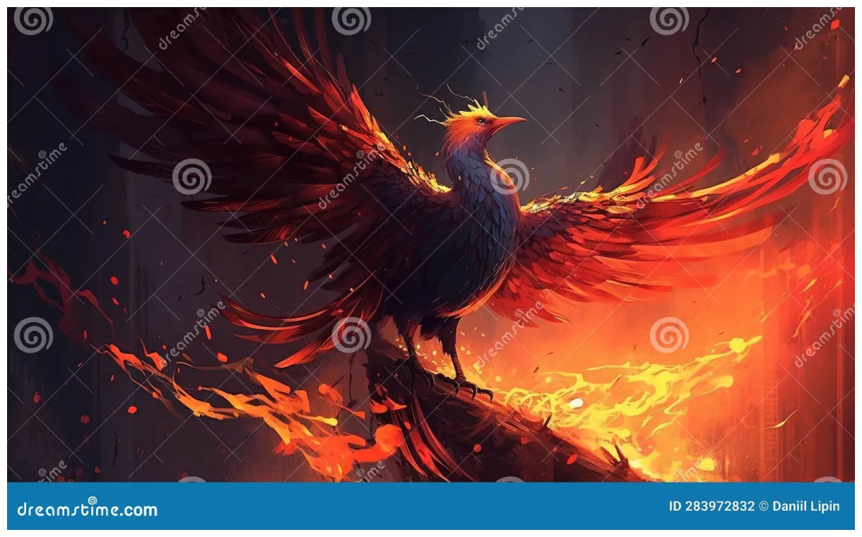 Phoenix Rising from Ashes. Fantasy Concept , Illustration Painting