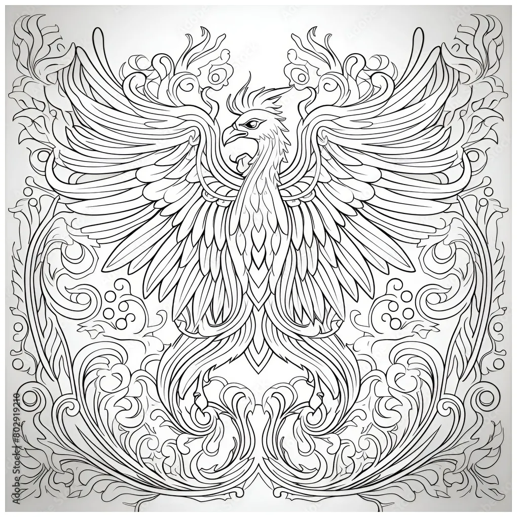 Line art of a phoenix rising from the ashes with a floral