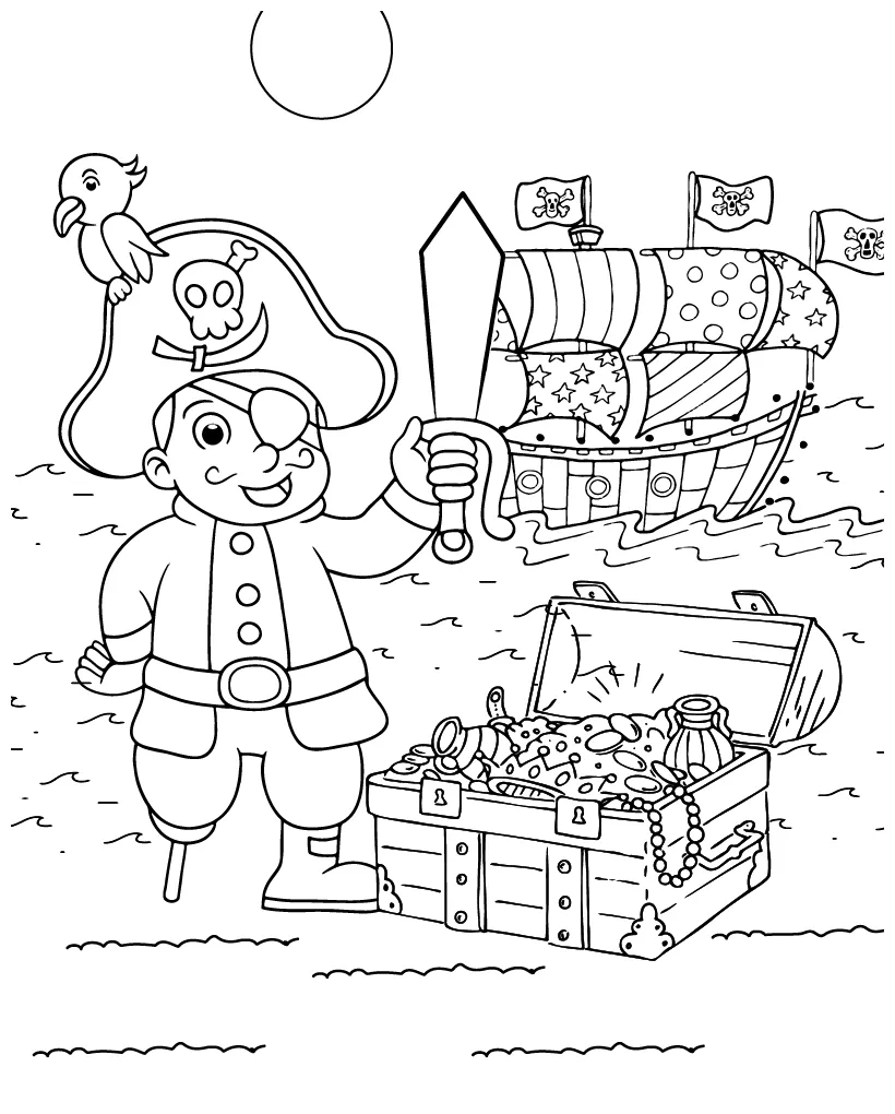 Pirate guarding treasure chest and flag coloring page