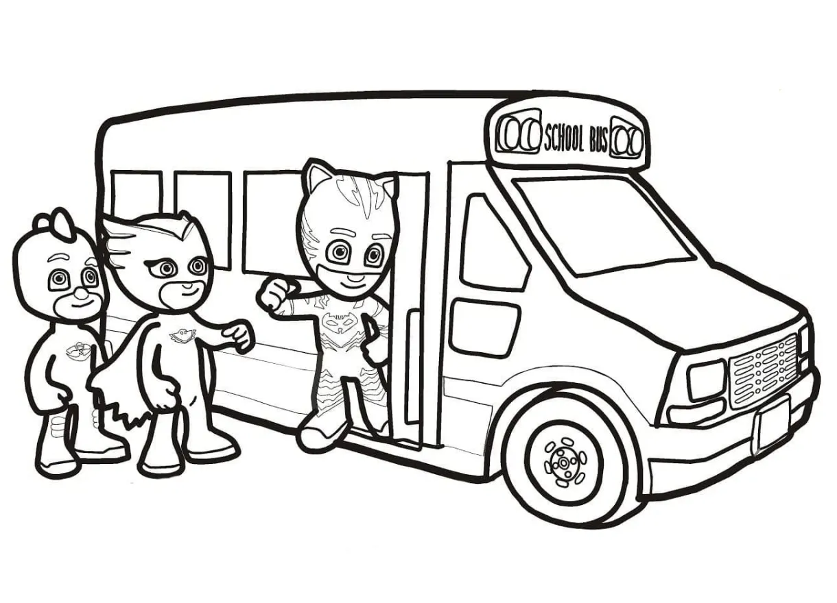 Pj masks and school bus coloring page download, print or color online