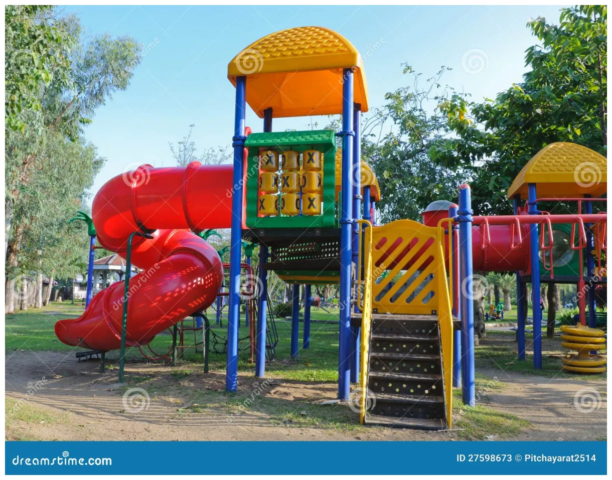 Children playground in park stock of slide, place 27598673