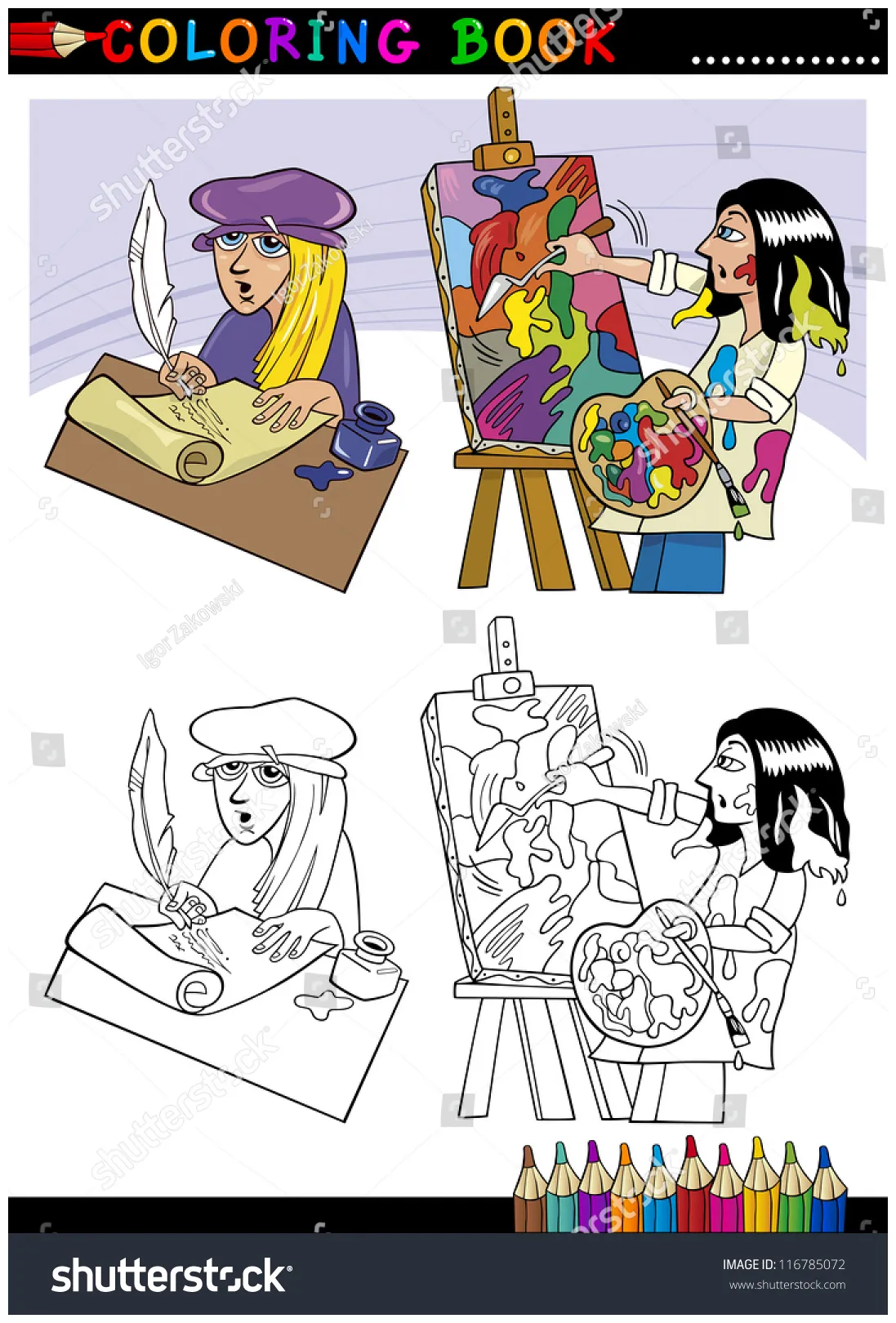 Coloring book page cartoon illustration poet stock vector