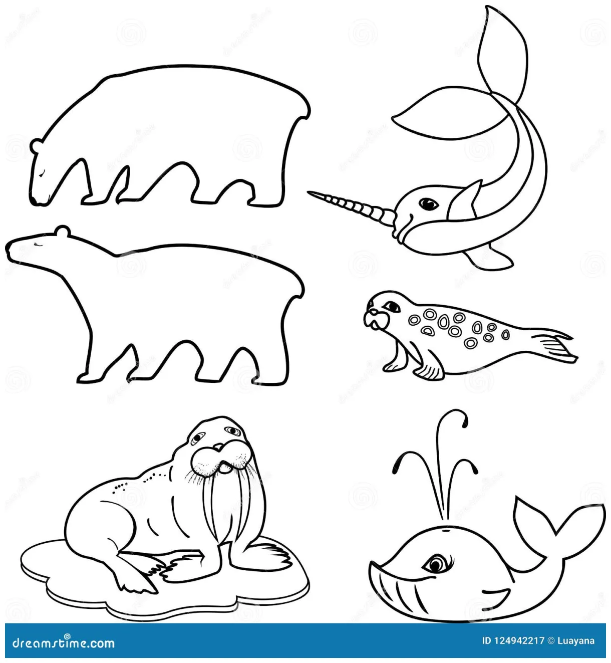 Coloring page. set of different cartoon animals of polar fauna stock