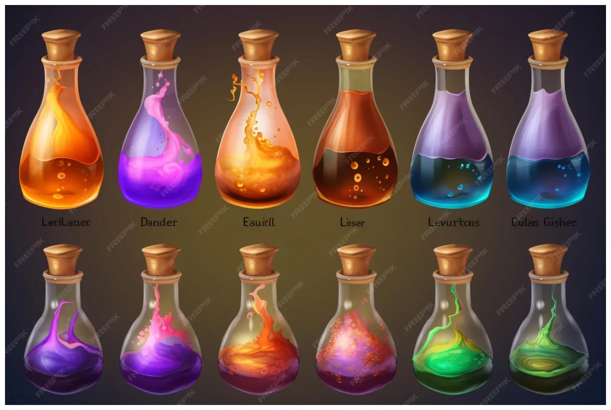 Feuille de jeu de différents types de potions enchantées fond clair