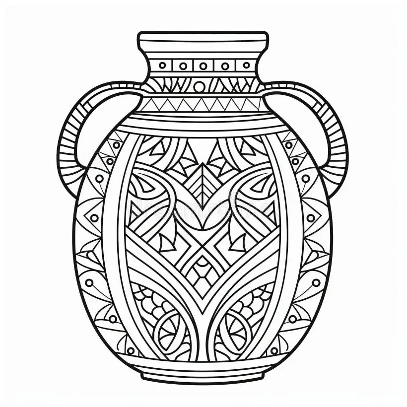 Quirky pottery coloring page with ornate vase designs stock