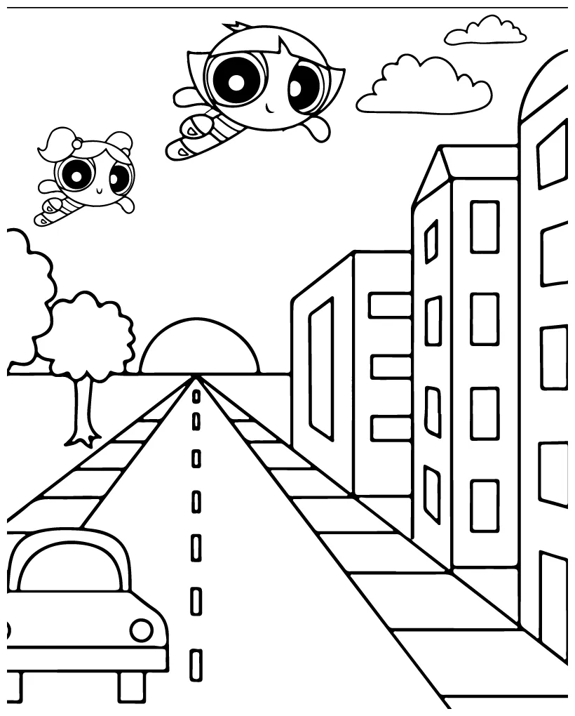 Powerpuff girls flying coloring page
