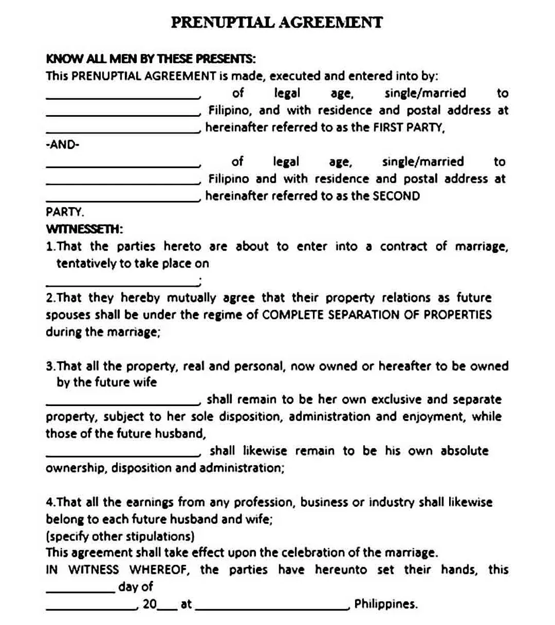 Printable prenuptial agreement template mous syusa