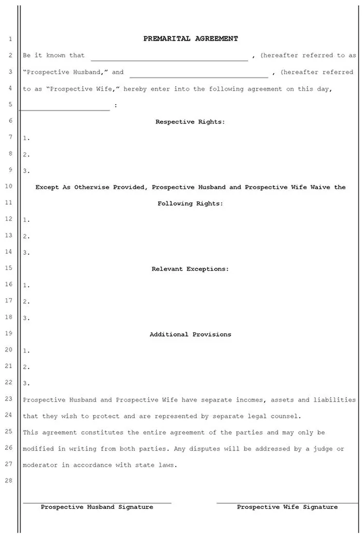 Free prenuptial agreement template doc 33kb 1 page s