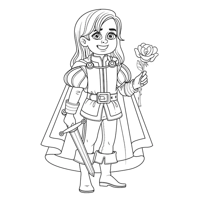 Premium vector cute boy in prince charming costume outlined for printable coloring page