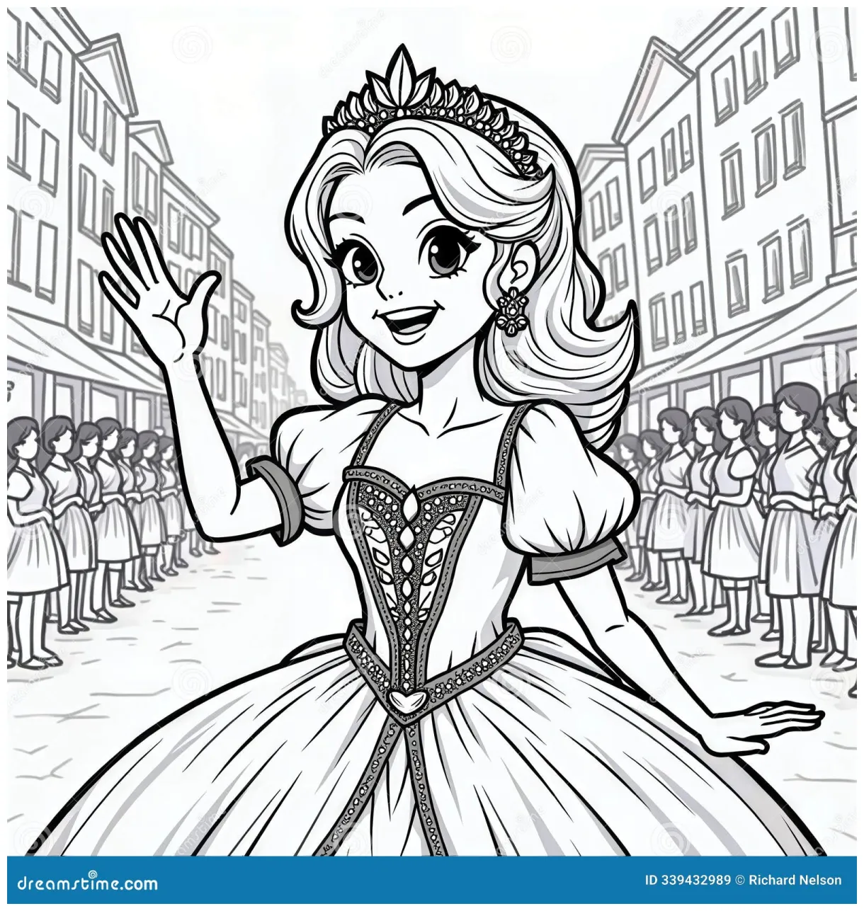 Princess waving in city stock illustration. illustration of crown