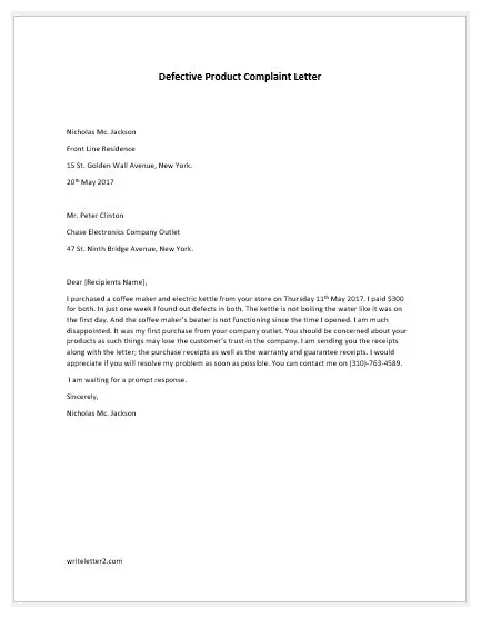 Defective Product Complaint Letter to Company | Download