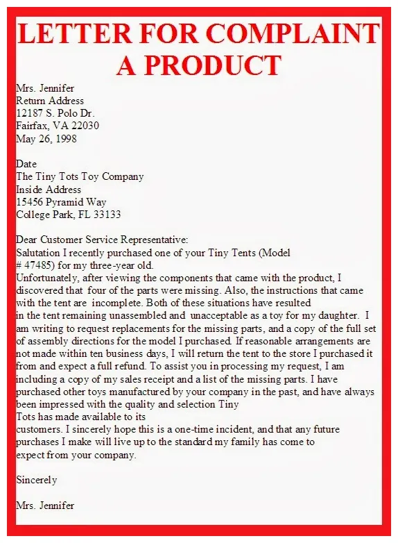Business Letter: Letter for Complaint a Product