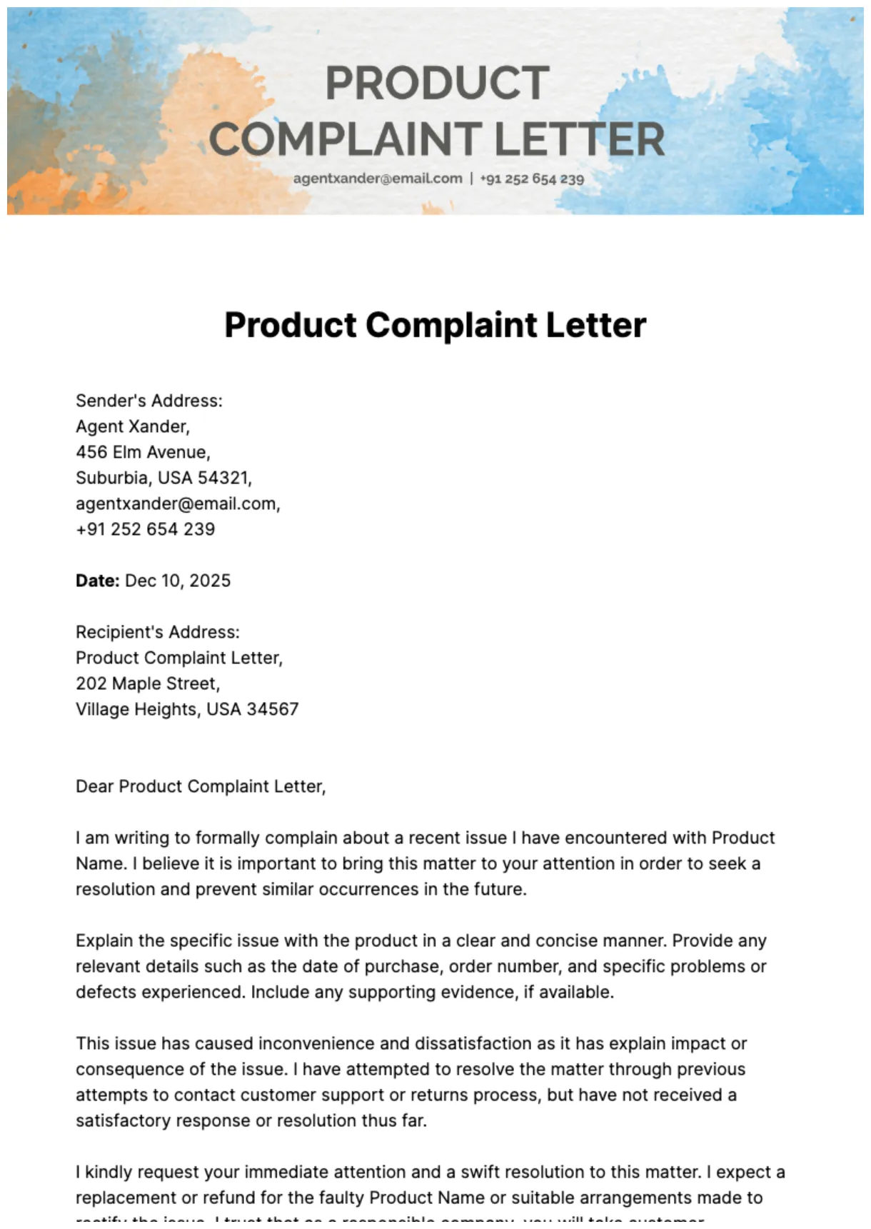 Free Product Complaint Letter Template to Edit Online