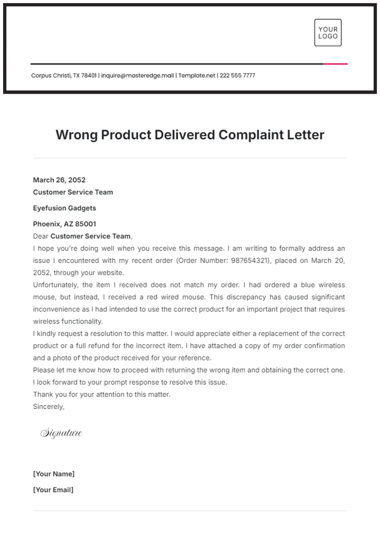 Free Wrong Product Delivered Complaint Letter Template to Edit Online