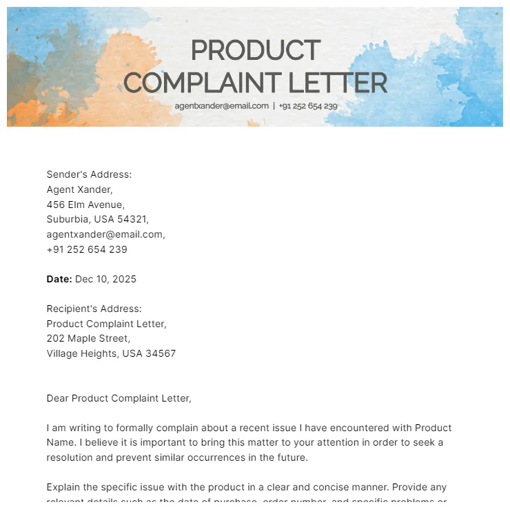 Product Complaint Letter Template - Edit Online & Download Example