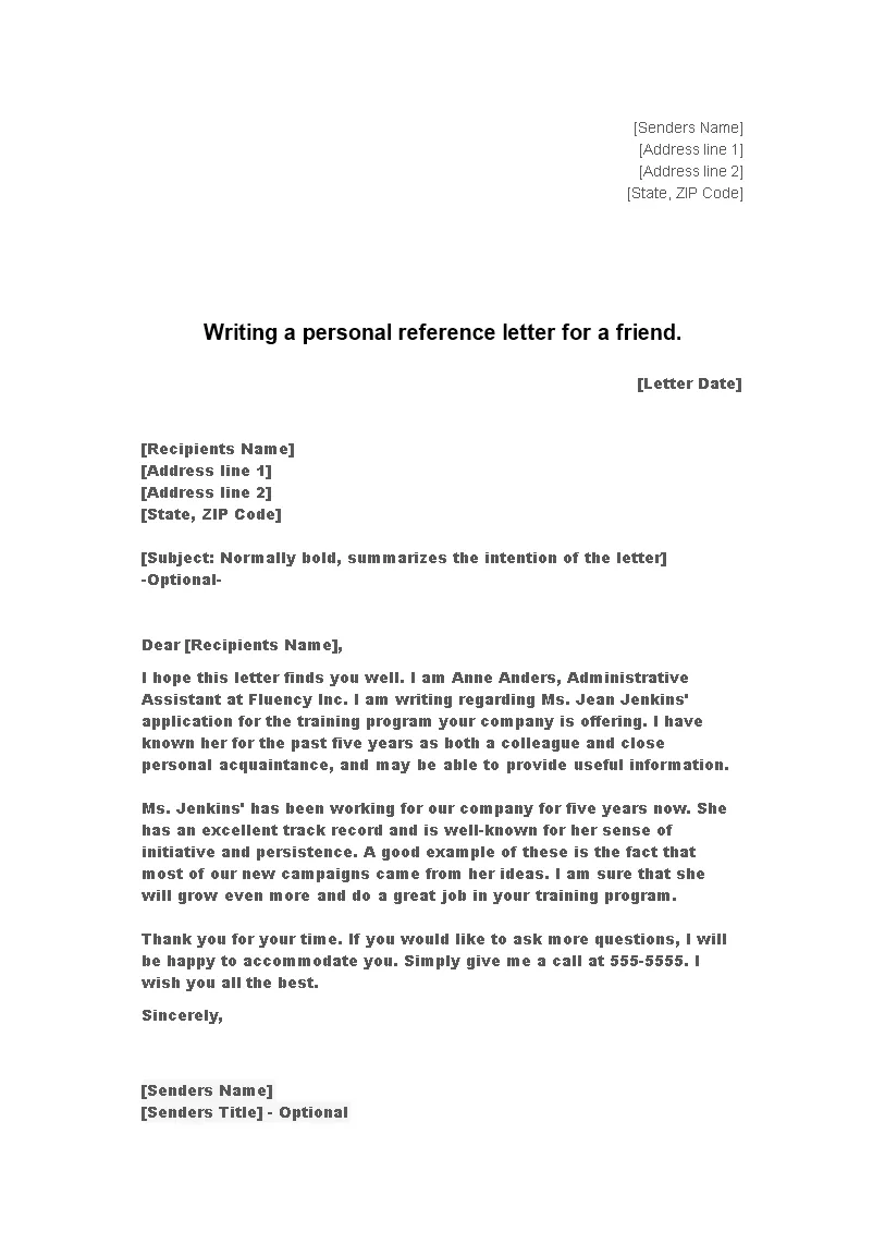 Professional reference letter