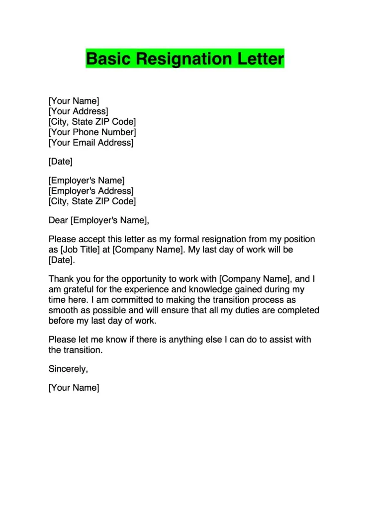 Resignation letter examples example of a simple resignation letter