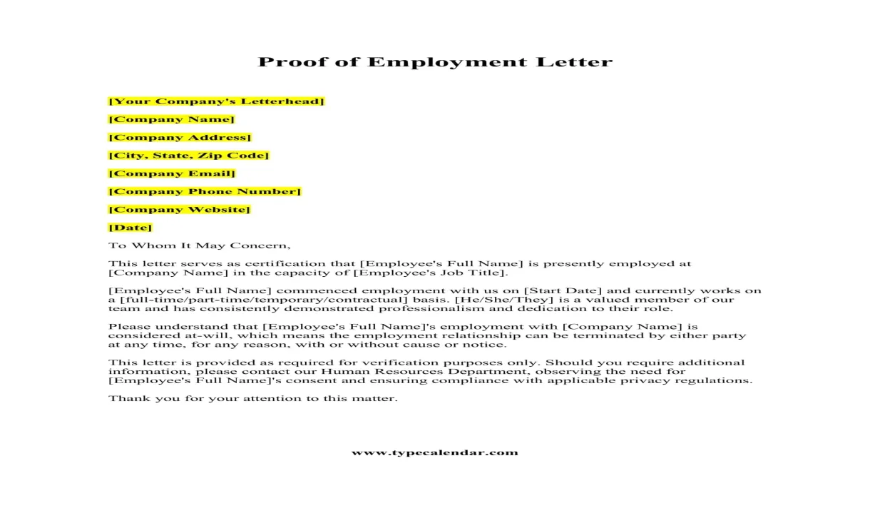 Free Printable Proof Of Employment Letter Templates [Word, PDF]