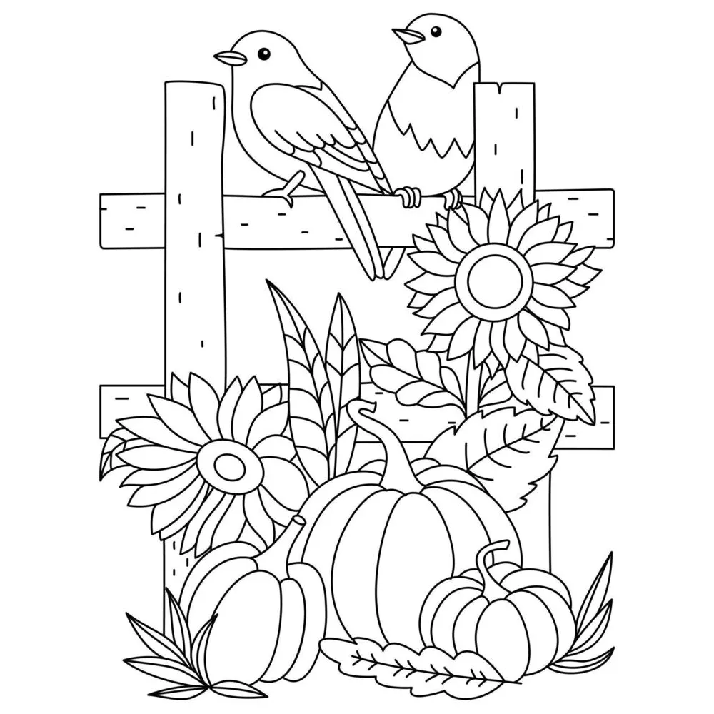 Two birds sitting on the fence sunflower pumpkin autumn fall season