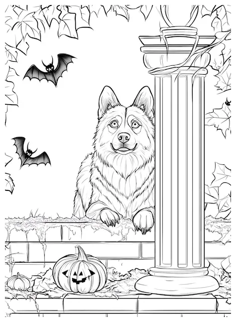 A coloring page of a dog sitting on a fence with a pumpkin and bats