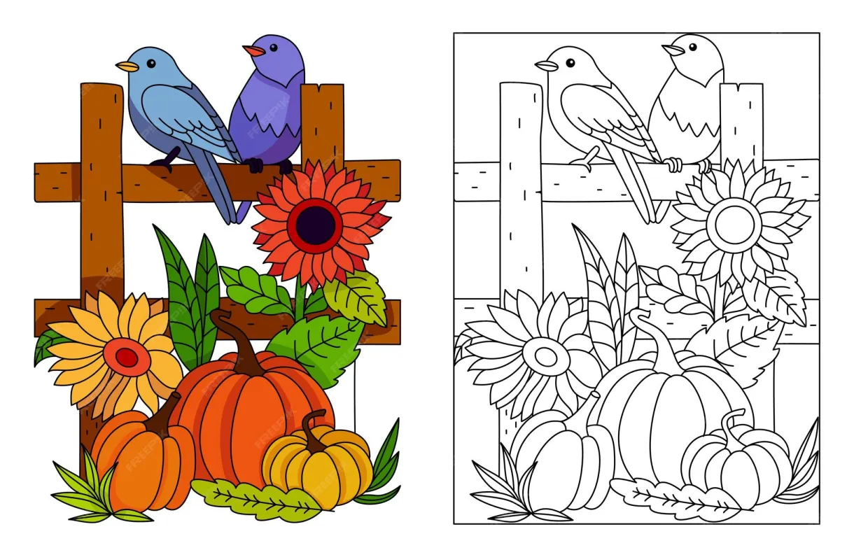 Premium vector two birds sitting on the fence sunflower pumpkin