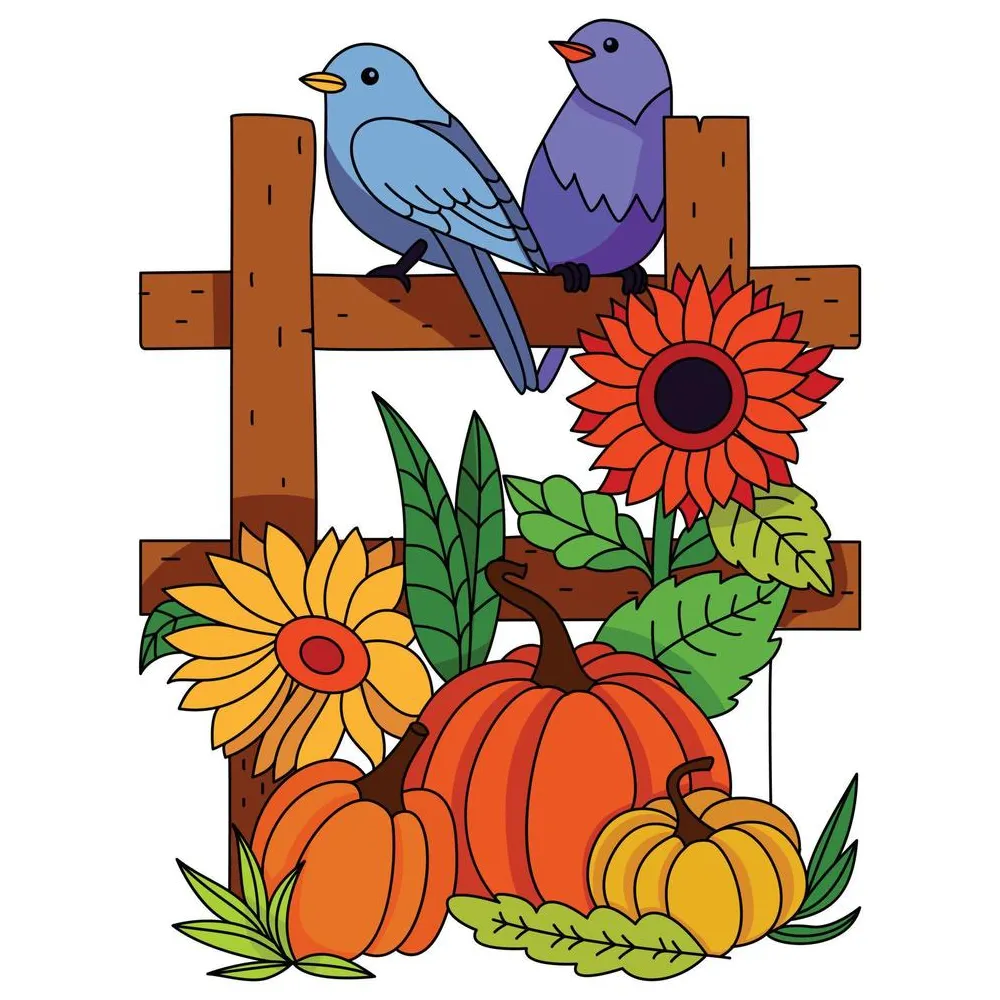 Two birds sitting on the fence sunflower pumpkin autumn fall season