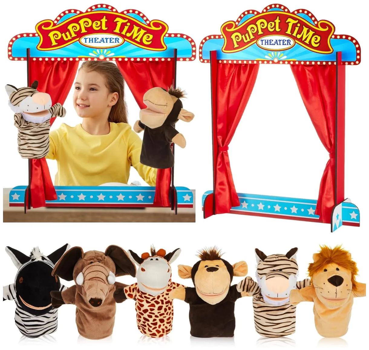 Amazon seenelling 7 pcs wooden puppet show theater for kids animal