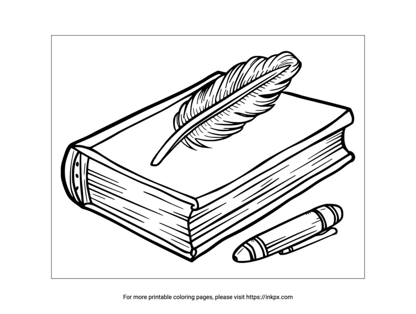 Printable book & quill & pen coloring page · inkpx