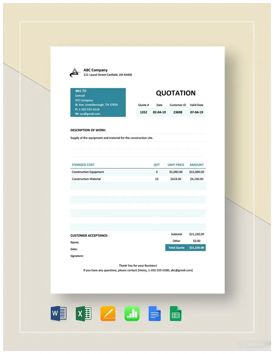Quotation Format Template in Google Sheets, Pages, PDF, Apple Numbers