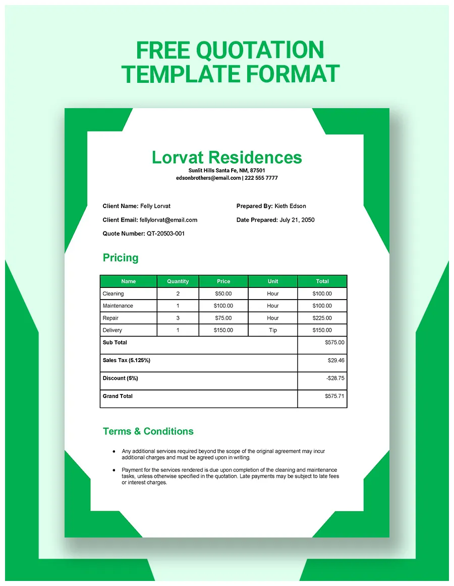 Quotation Format Template in Google Sheets, Pages, PDF, Apple Numbers