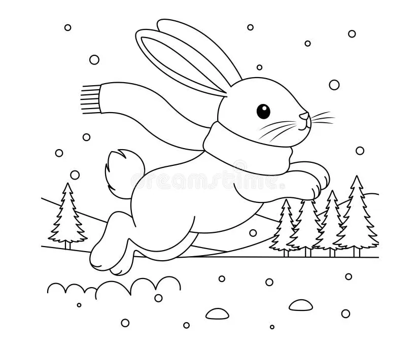 Printfluffy white rabbit hopping outline coloring page. christmas and
