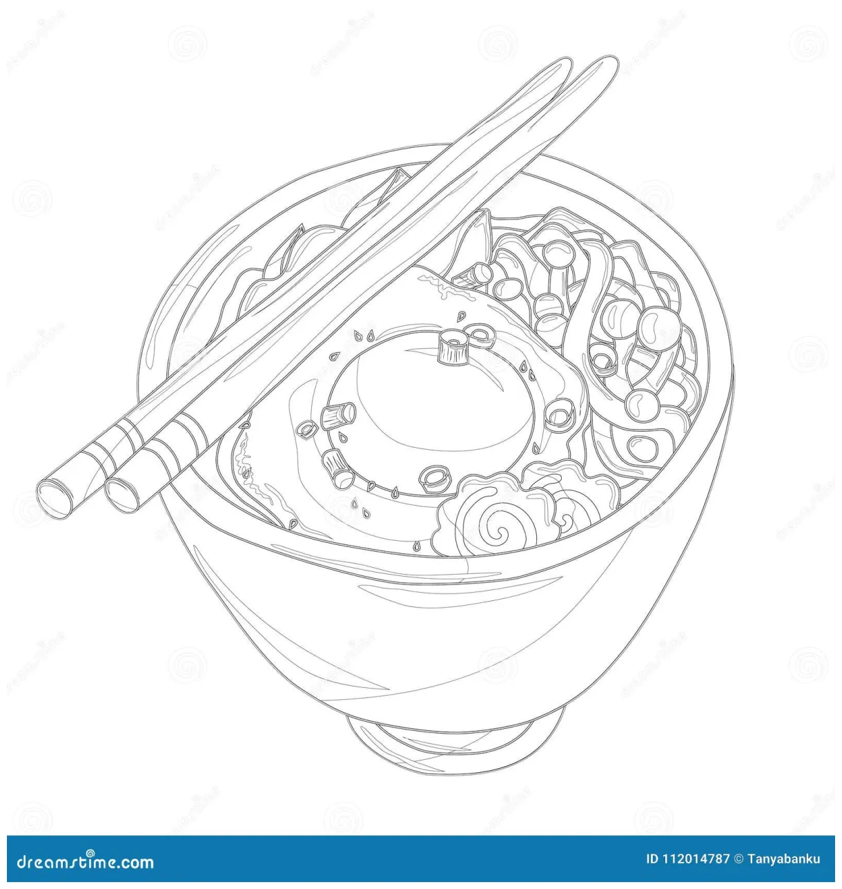 Ramen bowl with egg and fish cakes coloring page stock vector