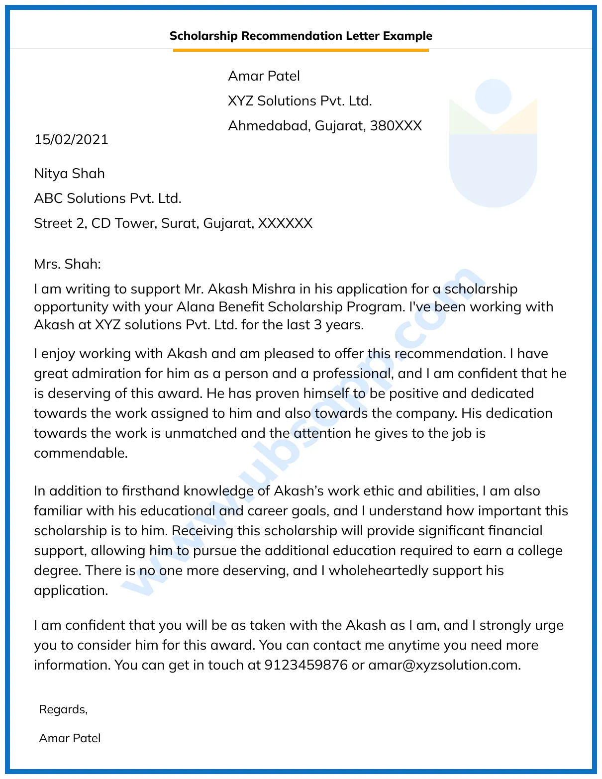 Scholarship recommendation letter format, meaning, purpose, examples printable coloring page