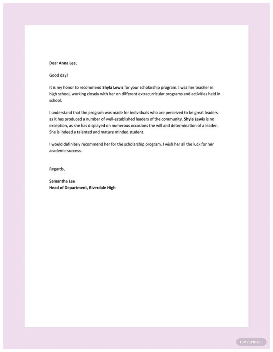 Sample scholarship recommendation letter in google docs, word, pdf