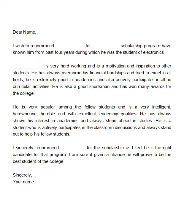 Letter of recommendation for scholarship free word templates