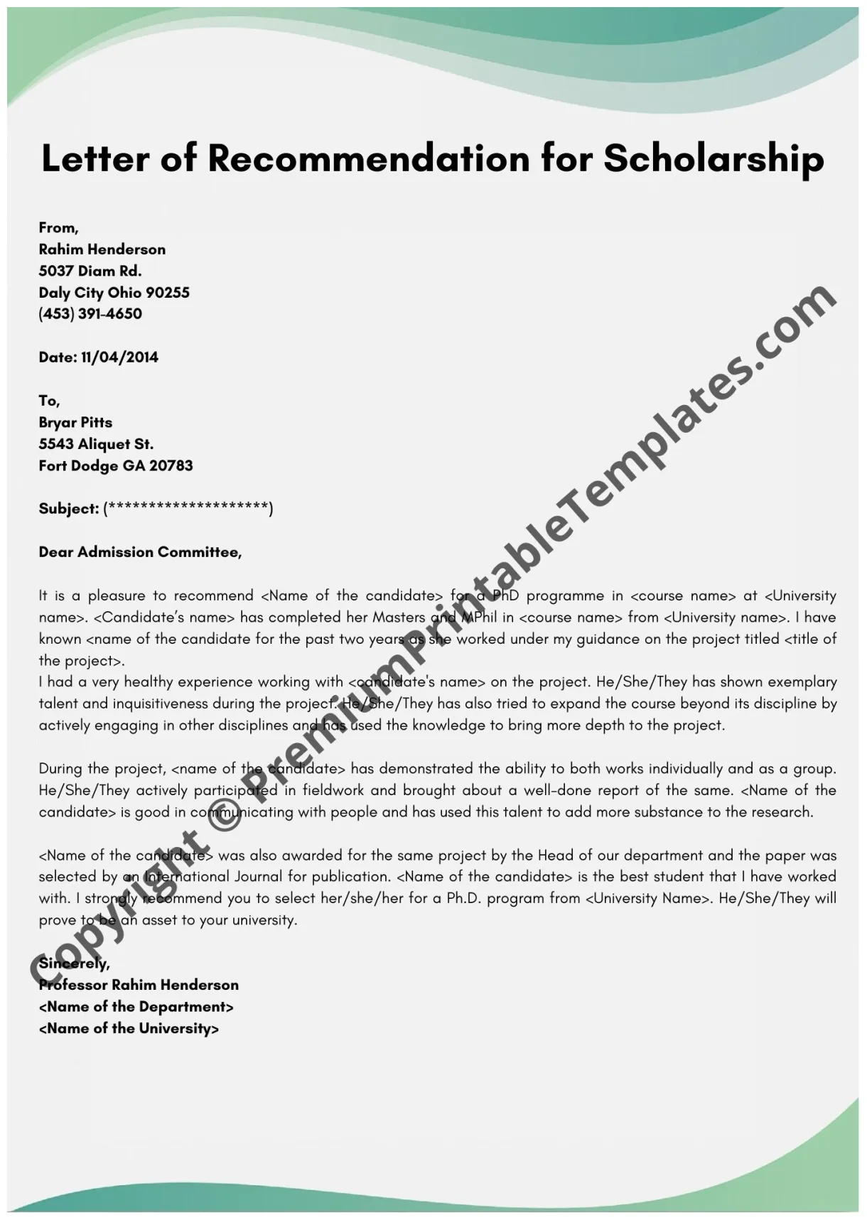 Letter of recommendation scholarship printable sample examples