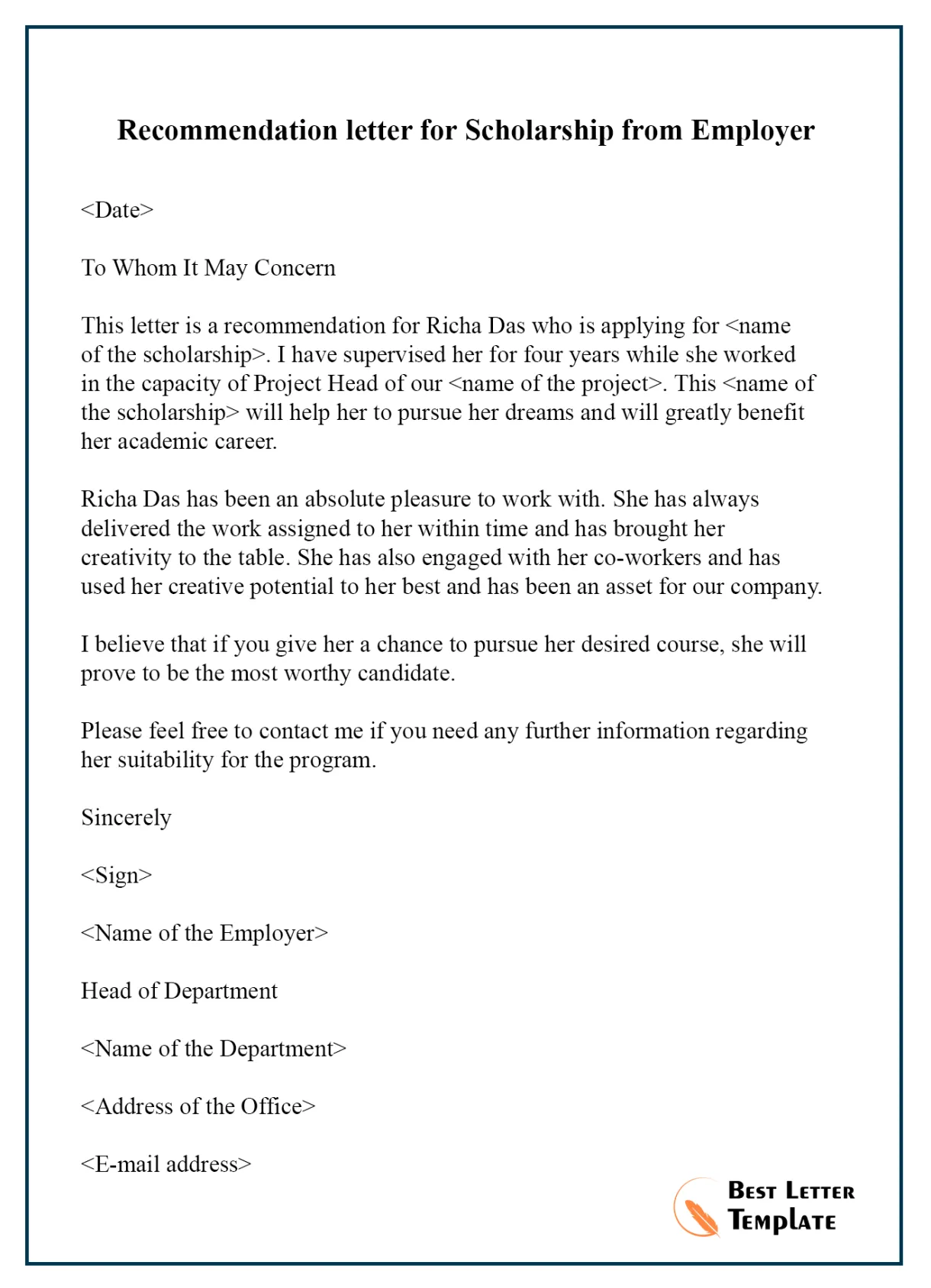 Student scholarship recommendation letter template