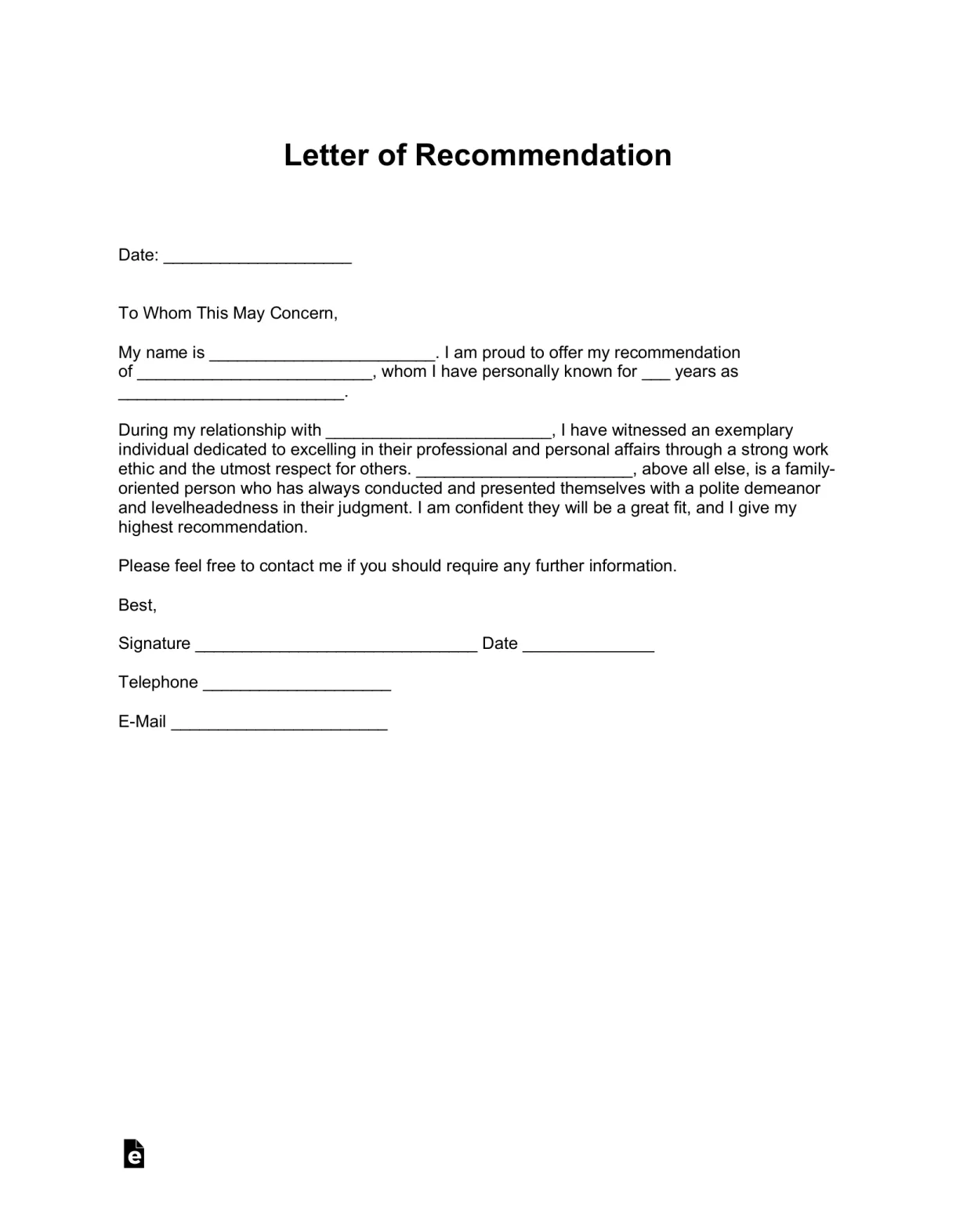 Letter of recommendation format template