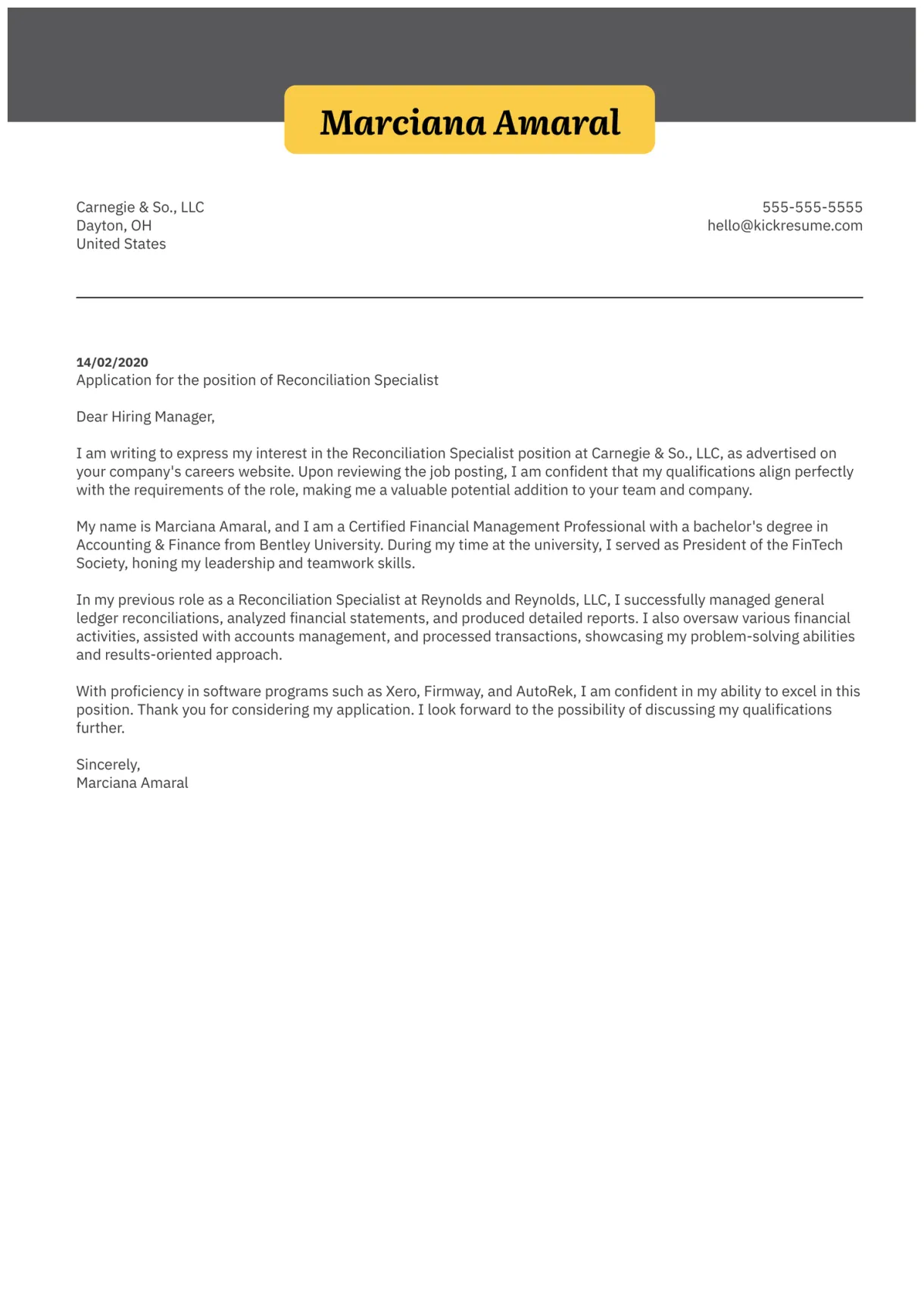 Reconciliation Specialist Cover Letter Sample | Kickresume
