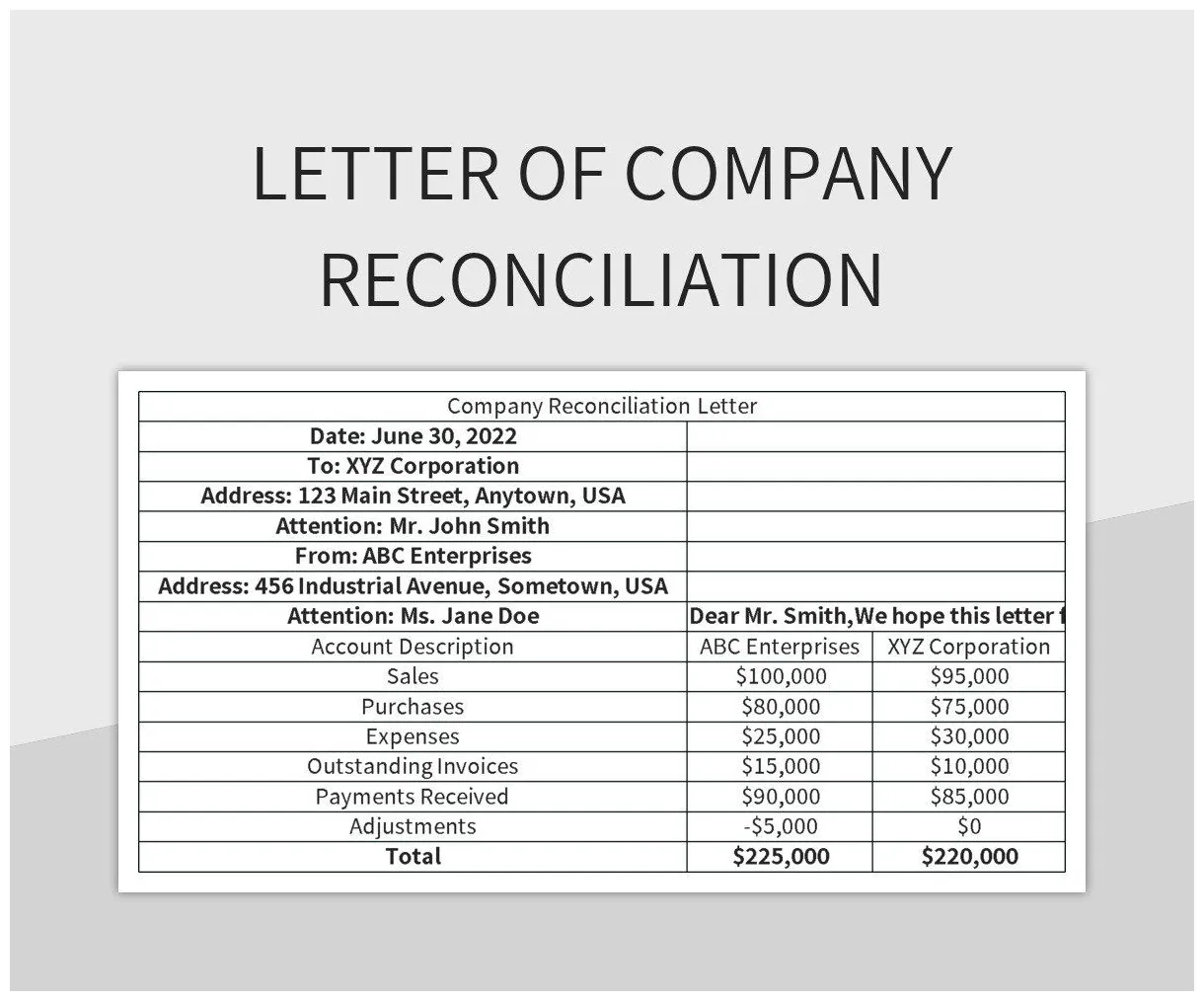 Letter of company reconciliation excel template and google sheets file